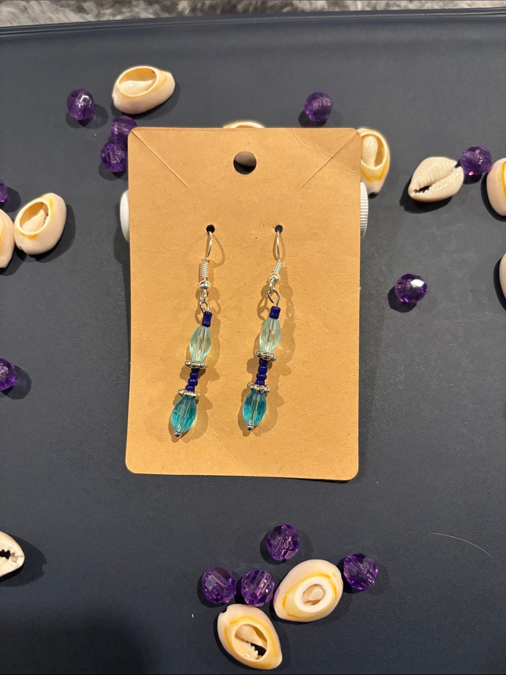 Handmade Teal and Blue Beaded Dangle Earrings